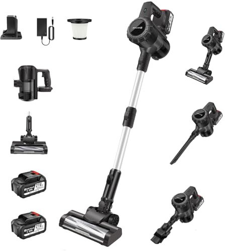 Cordless Vacuum Cleaner, Up to 65Mins Runtime, 160W 15000PA Stick Vacuums Electric Brooms, Self-Standing Portable Lightweight Handheld Upright Vacuums with LED, 2x3000mAh Battery