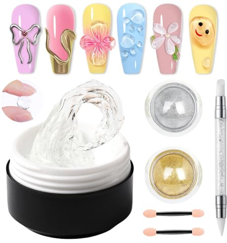 GZMAYUEN Gel de Construction Solide pour Ongles Transparent 15g Sculpture Builder Ongle, 3D Gel Nail Art - Or Argent Poudre Effet Miroir Ongle pour Manucure Salon DIY