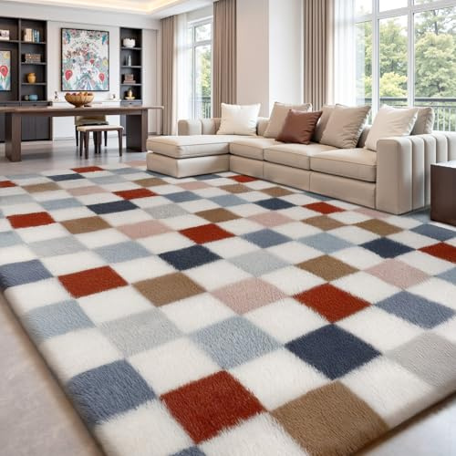 Treeboy Teppich Wohnzimmer 160x230, Mehrfarbig-Farbenfroh Karo-Teppich | extragroßer Flauschiger Shaggy-Teppiche für Schlafzimmer, weichem Plüsch, rutschfest & waschbar Für Kinderzimmer/Wohnheim