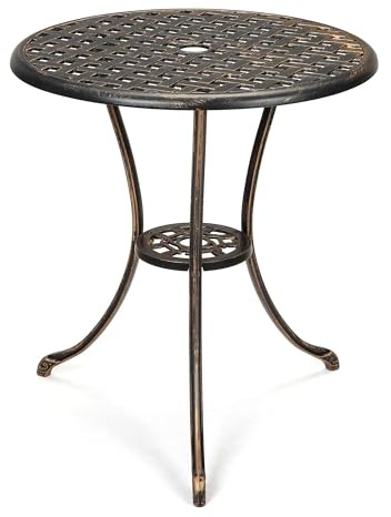Garvee Tavolino Da Bistro Per Esterni, Tavolo Da Caffè Rotondo ø60 cm Con Foro Per Ombrellone Da 5 cm, Tavolino in Alluminio Fuso Con Struttura in Ferro Per Balcone, Giardino, Terrazzo e Prato