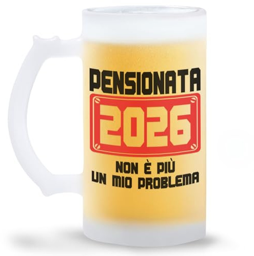 STAMPATEK Jarra de cerveza jubilada 2026 de cristal satinado – Idea regalo jubilación mujer – Vaso cerveza 500 ml regalos para conectar mod.BS1_DS2_2026