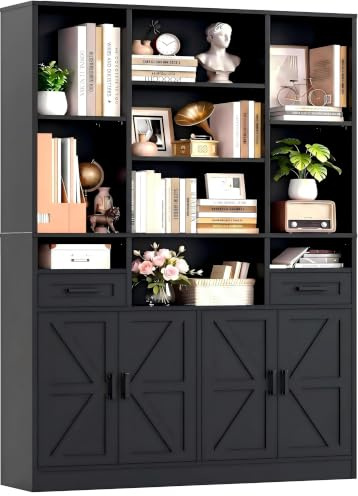 IRONCK Bücherregal Bücherschrank, Regal Holz mit Türen & Schubladen, 10 verschiedengroße Fächern, Einstellbar Hochschrank Vitrinenschrank Standregal Wohnzimmer Büro Schlafzimmer 108x30x190cm Schwarz