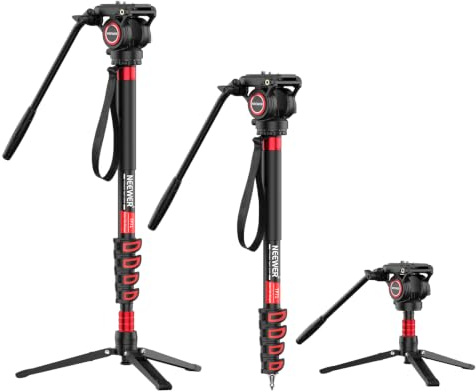 NEEWER Monopiede Fotocamera Professionale con Piedini, Monopod da Viaggio Telescopico Portatile in Alluminio da 190cm con Testa Fluida Pan Incli e Base Rimovibile per DSLR Videocamera, Max 6kg, TP78