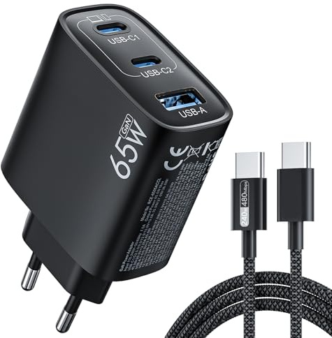 XUI Chargeur USB C 65W 3 Ports, Charge Rapide PPS PD 60W, avec Câble 1.8m | compatible avec MacBook Pro/Air, iPhone 17/16/15, iPad Pro, Samsung S25/S24/S23 Ultra, Google Pixel 10/9, noir