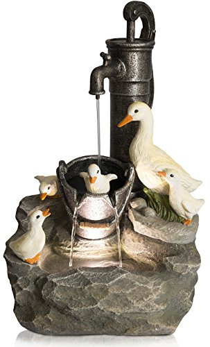 Primrose 56cm Duck Family at Old Tap Cascade Outdoor Water Feature Fountain with LED Lights in Brown