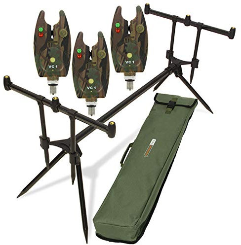 G8DS® Set Rod Pod Rutenhalter + Tragetasche inklusive 3 Bissanzeiger mit Lautstärkeregler für + LED Karpfen Angeln