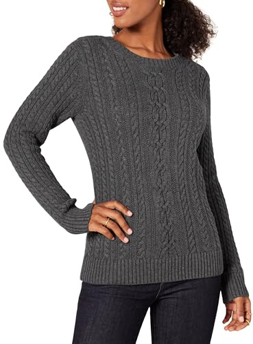 Amazon Essentials Women's Fisherman Cable Knit Long-Sleeve Crewneck Jumper (Available in Plus Size), Charcoal Heather, M