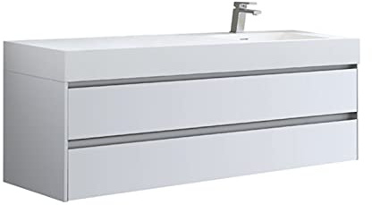 StoneArt Badmöbel Set mit Mineralguss Waschbecken und Unterschrank Waschtisch als Einzel- oder Doppelwaschbecken mit Unterschrank ohne Armaturen Mailand ML-1600 weiß matt 160cm rechts