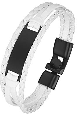 JewelryWe Schmuck Herren Lederarmband mit Gravur, Geflochten Leder Poliert Armreif Armspange Manschette Vatertag