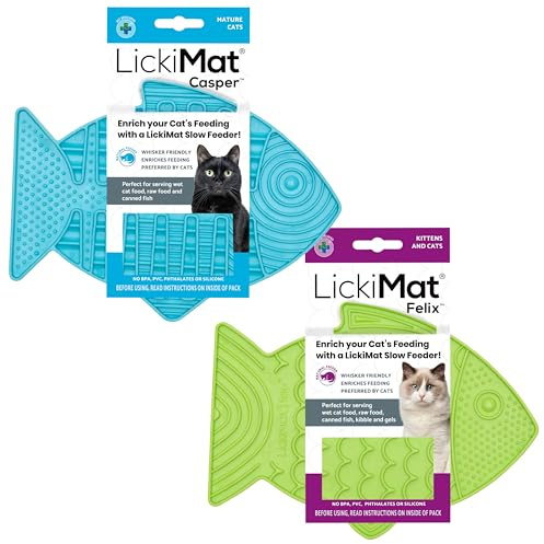 Lickimat Casper & Felix Katzenfutterspender für langsame Katzen in Fischform, zur Reduzierung von Langeweile und Angstzuständen, ideal für Lebensmittel,Grün,Casper & Felix