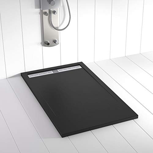 Plato de ducha Resina FLOW Negro RAL 9005-80x90 – Textura Pizarra – Antideslizante – Incluye rejilla y sifón