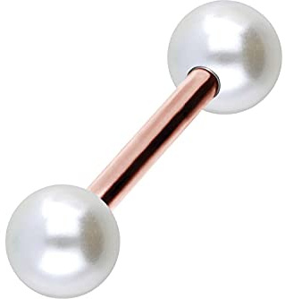 PIERCINGLINE Chirurgenstahl Barbell SYNTH. PERLEN Piercing Stab Brust Zunge Roségoldfarben Perle weiß 16 mm