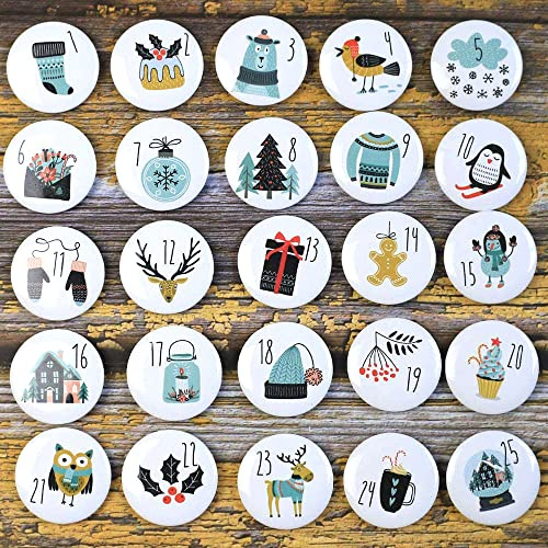 Duories 25 Adventskalender Zahlen Buttons Anstecker,Weihnachtskalender Adventskalenderzahlen Nummer Buttons für Kalender zum selber basteln Weihnachtskalendern-Jutesäckchen