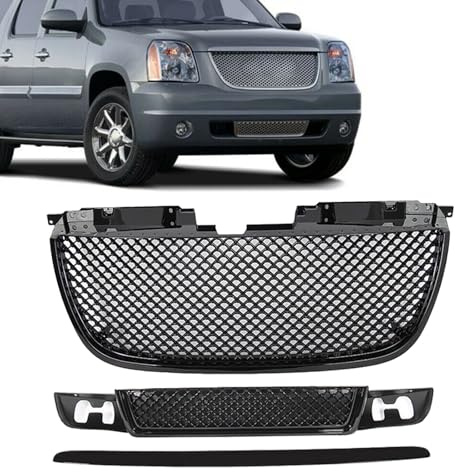 JX RACING Front Upper Lower Grille and Hood Molding Trim Compatible with GMC Yukon XL Denali 1500 2500 2007-2014 Mesh Style Gloss Black Set 3PCS GM1036114 25891151 15264513