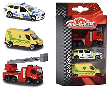 Majorette 212057262033-3-Pack Schwedisches Rettungsfahrzeug mit Polizeiauto in Volvo V90 Modell, Krankenwagen und Feuerwehrauto aus Metall mit Freilauf und beweglichen Teilen, 7,5 cm, Ab 3 Jahren