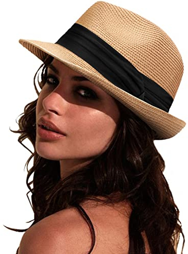 DRESHOW Women Straw Sun Hat Short Brim Panama Travel Fedora Summer Hat Roll Up Beach Cap for Women UPF 50+