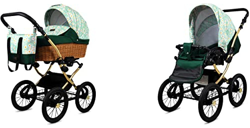 BabyLux ALU 2in1 Stroller for Toddlers – Pushchairs & Prams – Baby Stroller Pushchair for Newborn and Toddler – Baby Newborn Pram – 59x105x125cm – Max 15kg – Green Daisy Gold Frame