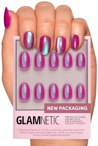 Glamnetic Press On Nails - Berry Fizz | Short Oval, Magenta Nails with a Mesmerizing Metallic Finish | 15 Sizes - 30 Nail Kit with Glue