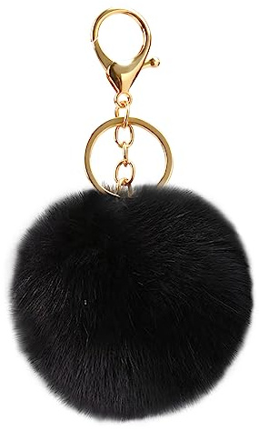 URAQT Damen Handtasche Schwarz, Damen Shopper Handtasche Leder Damen Tasche Groß Schule Handtasche für Büro Schule Einkauf mit Kaninchen Pelz Kugel Plüsch Schlüsselring