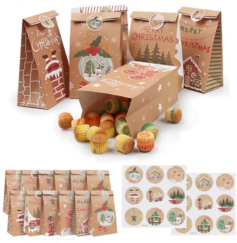 12 Stück Papiertüten Weihnachtstüten Klein, Geschenktüten Weihnachten | 6 Muster mit 18 Aufklebern, zum Befüllen mit herrlichen Süßigkeiten und kleinen Geschenken