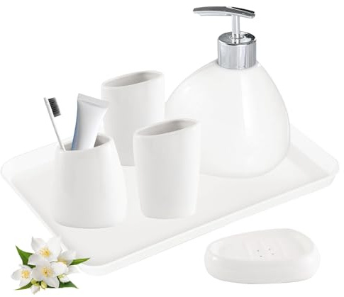 Tefola Ensemble de salle de bain moderne en céramique Dolomite, 6 pièces, blanc, finition chromée, ensemble d'accessoires de salle de bain avec distributeur de savon, porte-brosse à dents, 2 gobelets