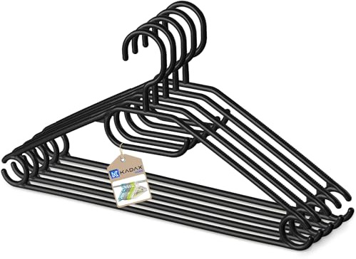 KADAX 5er Set Kleiderbügel aus Kunststoff, 360°drehbarer Haken, eingekerbte Schultern, Hosensteg, platzsparende, rutschfeste, Garderobenbügel für Hemd, Hosen, Rock, Jackenbügel (Schwarz)