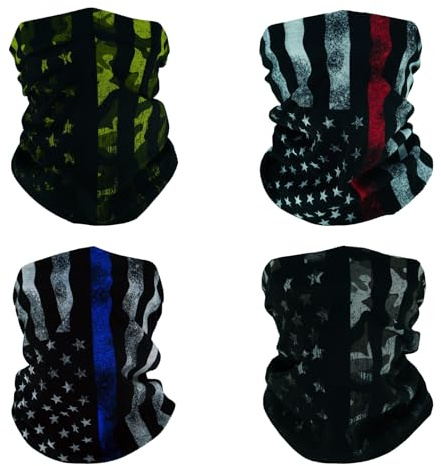 SMEHCF 4 Bandanas polyvalents pour femmes hommes bandeau cagoule foulard visage demi-masque cache-cou respirant réutilisable lavable rétro noir bleu drapeau américain