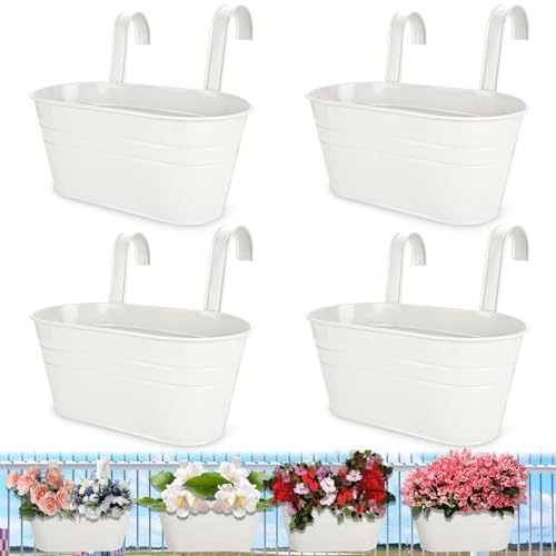 DAJAVE 4 stycken metallblomkrukor hängande, 27,5 cm hängande blomkruka, hängande blomkrukor vit, blomkruka balkongräcke, stor blomlåda, hängande för balkong, staket, trädgård