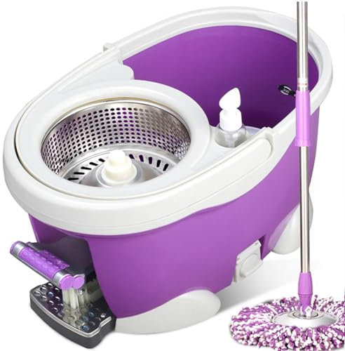NIBHZ Escurridor de Cubo para Fregona, Escurridor de Fregona con Cubo de Pedal, Giratorio 360°, Escurridor de Cubo Doméstico con Mango de Acero Inoxidable para Lavar Pisos,Purple-C