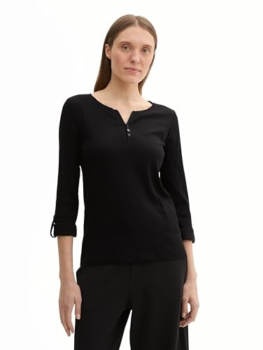 TOM TAILOR Damen Henley Longsleeve mit Streifen aus Bio-Baumwolle, 14482 - Deep Black, M