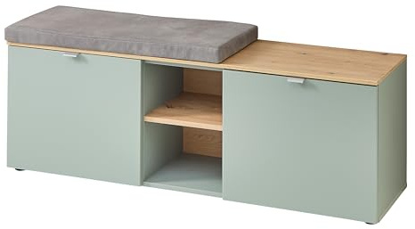 BARI Schuhbank in Schilfgrün, Artisan Eiche Optik FSC-Zertifiziert - Moderne Sitzbank mit Stauraum für Ihren Flur - 128 x 50 x 38 cm (B/H/T) | Sitzbank Flur mit Sitzkissen in Lederoptik, 2 Holztüren, 3 Fachböden, 2 offene Fächer, Flur
