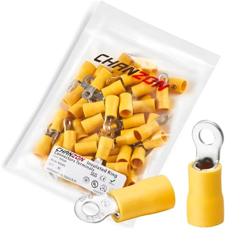 Chanzon Yellow Ring Terminals - #4 M3-50pcs UL Listed Insulated PVC Eyelet Wire Connector 12-10AWG Gauge Electrical Crimp Connector for Boat Truck Stereo Car