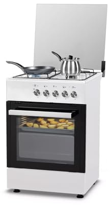 Avilia Forno a Gas con Forno Elettrico Integrato - Piano Cottura con 4 Fuochi e Lastra Coprifuochi Smaltata, Manopole Frontali,Aggancio GPL Standard, Volume Forno 51-55L, 1100W, 60x60x60cm, Bianco