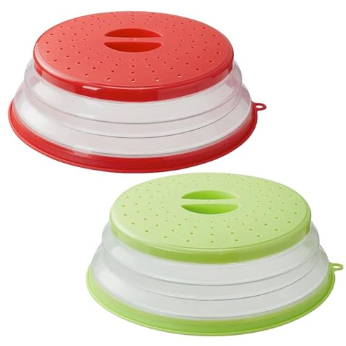 König Design 2 Stück Mikrowellen Abdeckung Faltbar, Deckel für Mikrowelle, Abdeckhaube für Mikrowellendeckel, Hoch Mikrowellen Spritzschutz, Faltbare Mikrowellenabdeckung mit 2 Haken Rot & Grün