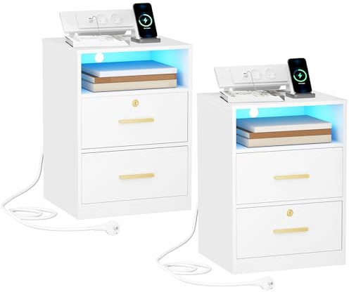 Hzuaneri Sängbordmed laddningsstation, USB- och typ C-portar, nattduksbord med LED-lampor, 1 öppet fack och 2 lådor, sidobord för sovrum, vardagsrum (Vit, 2er Set)