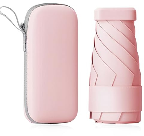 Travel Mini Ombrello per Borsa Con Caso, Piccolo Compatto Ombrello UV Protezione Sole, UPF>50+ Ombrello da Sole/Pioggia, Leggero Piccolo Ombrello Tasca Con Caso Per Donne, Ragazze（Rosa）