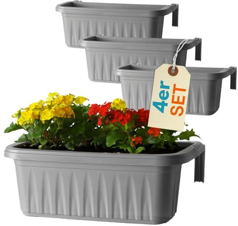 GarPet 4er Set Blumenkasten Balkongeländer Balkon Blumenkasten Balkonkasten mit Halterung Balkonkasten Geländerkasten mit Wasserspeicher 50 cm Grau