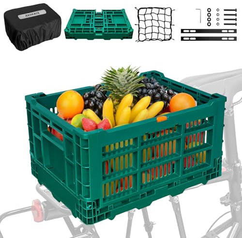 RAYMACE Bike Basket Rear, Foldable Bicycle Basket, Rear Bike Basket Large Capacity, Bike Baskets with Waterproof Cover & Cargo Net for Daily Shopping,Outings,Dogs Bike Accessories(Green)