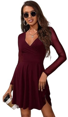 Haibang Vestito Donna Elegante Maniche Lunghe Sexy Mini Abito da Sera Aderente Abiti da Cerimonia con Scollo a V Trasparente Vestiti in Rete Casual Bodycon Dress per Cocktail Party Discoteca Festa