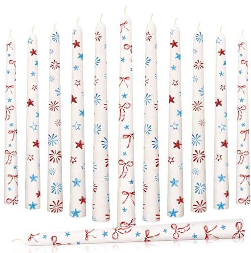 Tujoe 18 Pcs Independence Day Taper Candles 10 Inch Tall 4th of July Decor Patriotic Burning Fireworks Bows Star Candles Set for Independence Day Dinner Party Table Decor