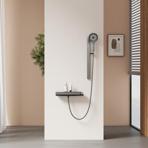 EMKE Termostatisk duschpelare, 40 cm duschstång, 3 typer av spray, matt antracit, delad design, passform för alla hörn, höjdjustering
