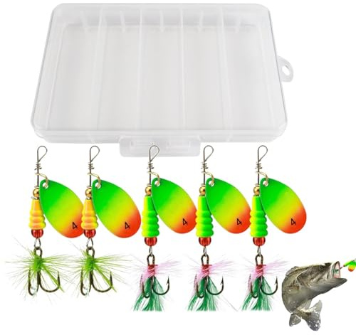 WJnflQN Spinnerbete för basfiske, spinnbeten – paljettmetallbete med befjädrade krokar – 5 x spinnbait med tackle box, vevbete, fisketillbehör för sötvatten saltvatten