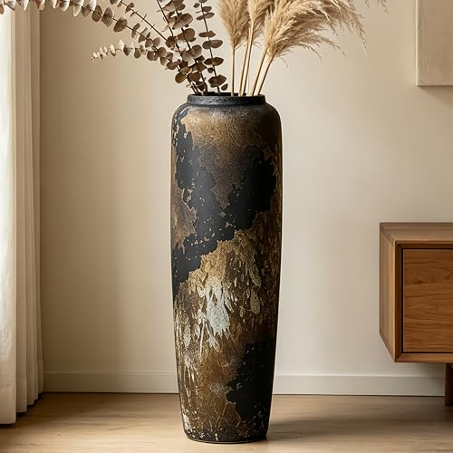 JIDOFUE Vintage Keramik Schwarz Bodenvase, 60cm, Rustikaler Boho Stil für Pampasgras, Blumen oder Dekor, Perfekt für Wohnzimmer, Eingang oder Tisch