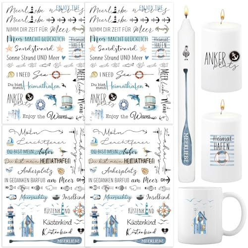 4 Blatt Kerzen Tattoo Folie Maritim Kerzentattoos Meer Rub On Sticker Kerzensticker Maritime Sprüche Blau Wasserschiebefolie Kerzen Dekoration Kerzenaufkleber für Kerze Tasse DIY Kerzenherstellung