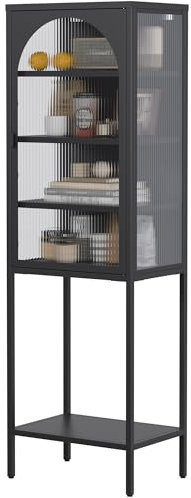 Lunanniu Metall Vitrinenschrank 160cm×50cm×35cm 5-Stufen Bücherregal Speicher Schrank mit 3 einstellbaren Regalen, Gehärtetes Glas Glasvitrine Schrank für Wohnzimmer Schlafzimmer Schwarz