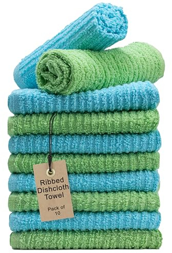 Textila Bar Mop Towels 12x12 Inch – Green & Turqoise – Pack of 10 - Cotton Dish Cloths & Cleaning Towels for Kitchen, Bar, Restaurant, Household Use – Absorbent, Durable, Reusable