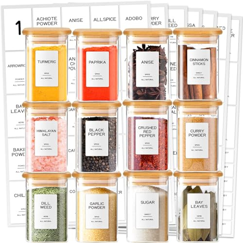 Kuocodall 12 Pcs Glass Spice Jars with Bamboo Airtight Lids & 201 Labels - 8oz Square Small Empty Food Storage Containers for Kitchen, Seasonings, Herbs, Salt