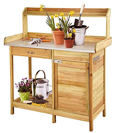 Banco da Giardino in Legno per invasatura, postazione di Lavoro con Piano in Metallo, mobiletto, cassetto e Ganci, Tavolo da Giardinaggio per Esterni con ripiano portaoggetti, 101,6x41,4x125
