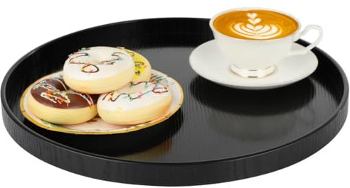 yeeplant Plateau de service rond en bois noir — antidérapant avec bord surélevé pour repas et fêtes