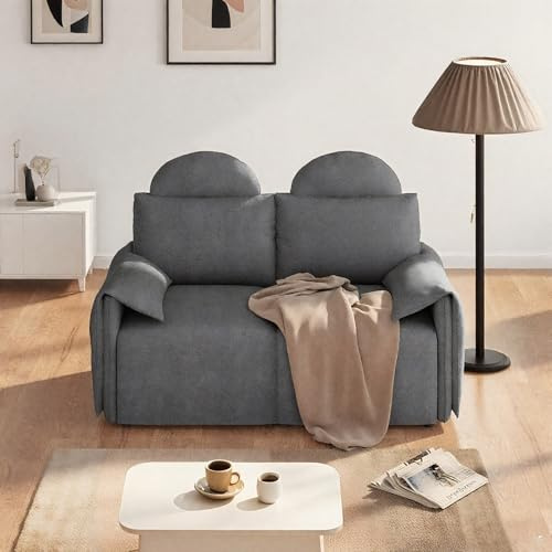 Meeyar Kleines Sofa, 142CM Sofa 2 sitzer aus Kurzplüschstoff für das Wohnzimmer, mit aufrollbaren Armlehnen und doppelseitigen Kissen, Modernes Couch für kleine Räume